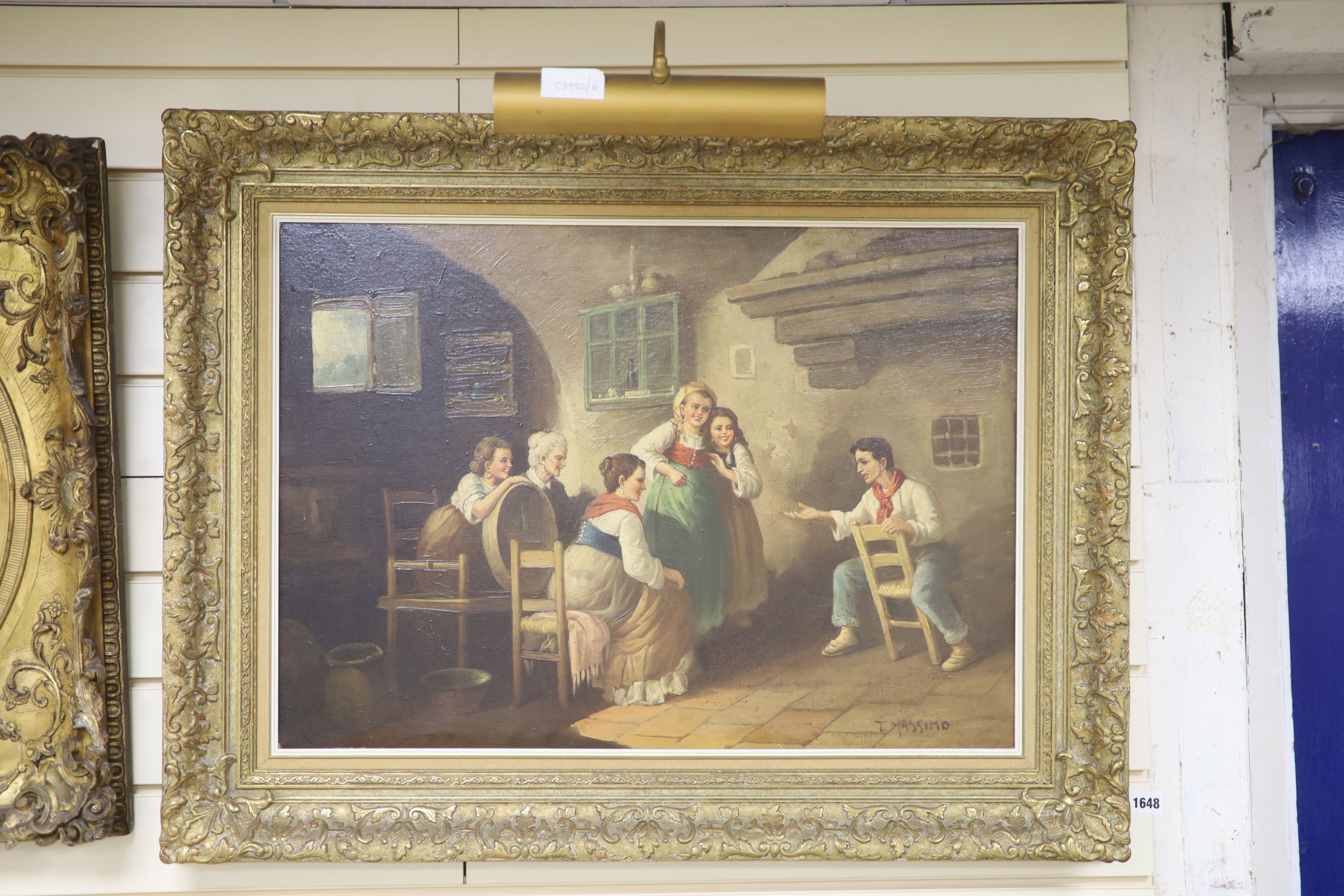 T. Massimo, oileograph, Italian interior with storyteller, 49 x 69cm